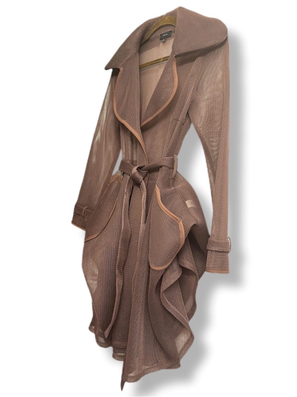 Brown Mesh Trench Coat – Belted Open Front Stretch | Women's Size: Medium - Picture 4 of 16